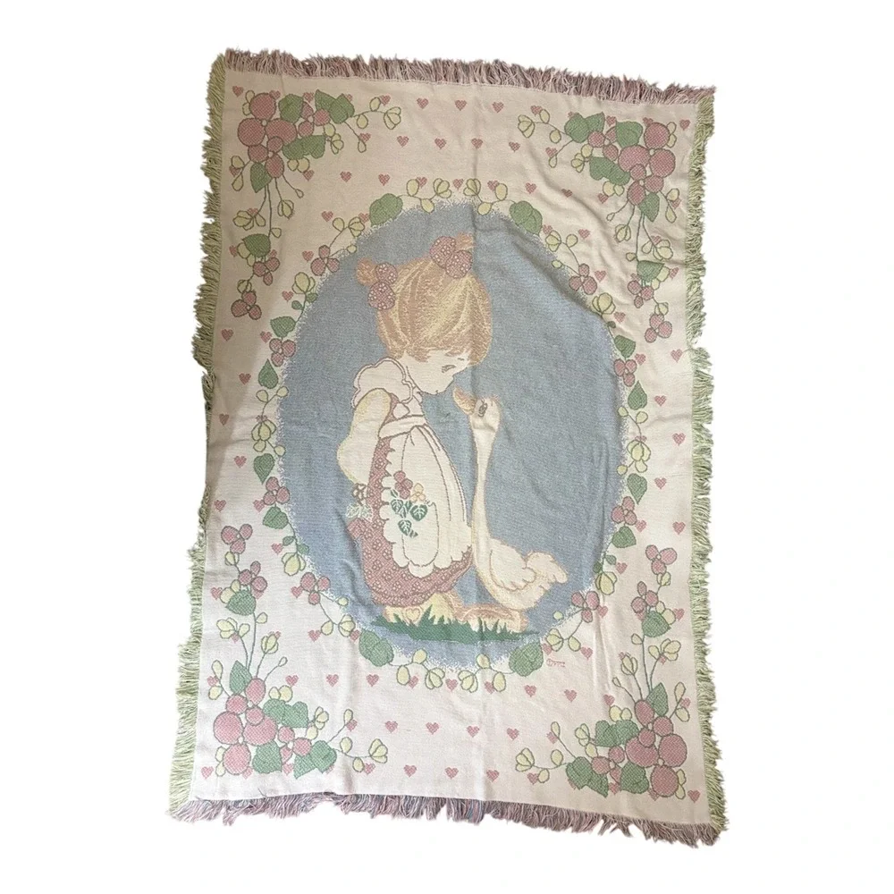 Vintage Goose Girl Woven Tapestry‎ Throw Blanket Cottagecore Storybook  65x48